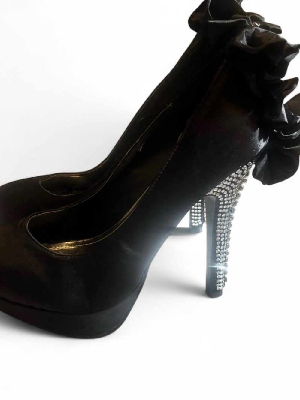 Black Crystal-Studded Ruffle Heel Pump